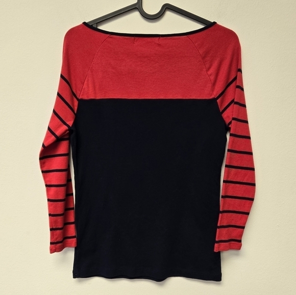 Lauren Ralph Lauren Petite 3/4 Sleeve Stripe Top Red Navy PM - Picture 2 of 6